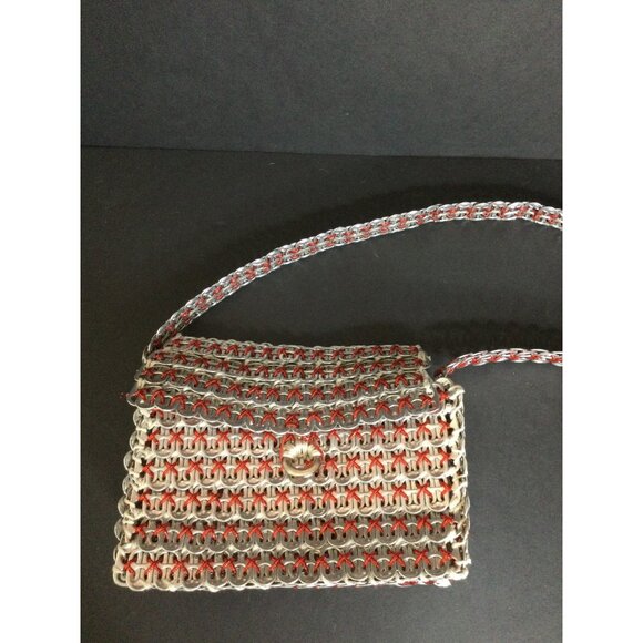 Handmade Aluminum Pop Tab Bag Purse Red String Accents Button Closure - Picture 2 of 8